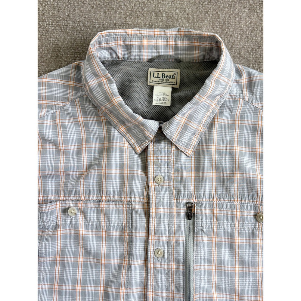 LL Bean Mens Vented Trail Travel Shirt XXL Grey Orange Plaid Fishing 296979